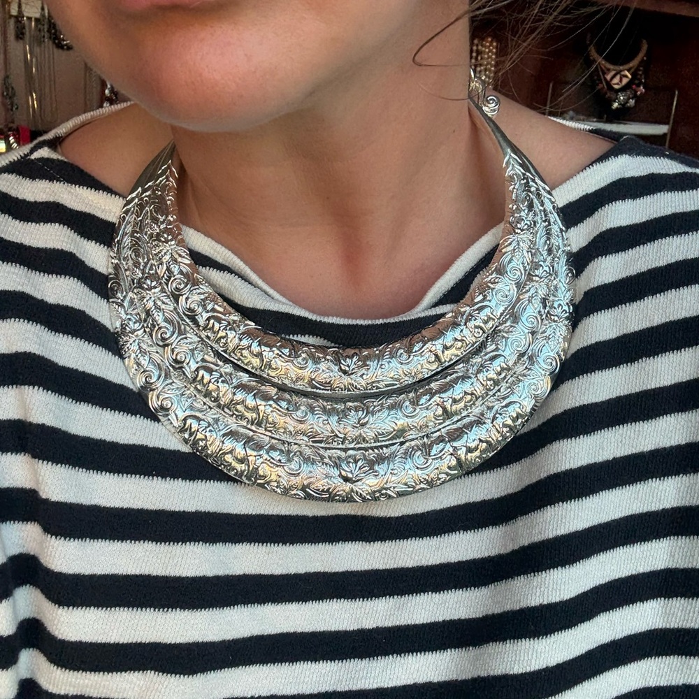 Three Layer Silver Statement Necklace - Picture 7 of 7